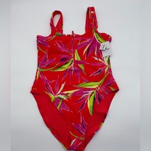 Old Navy Red & Pink Half-Zip One-Piece Floral Swimsuit Size L NWT